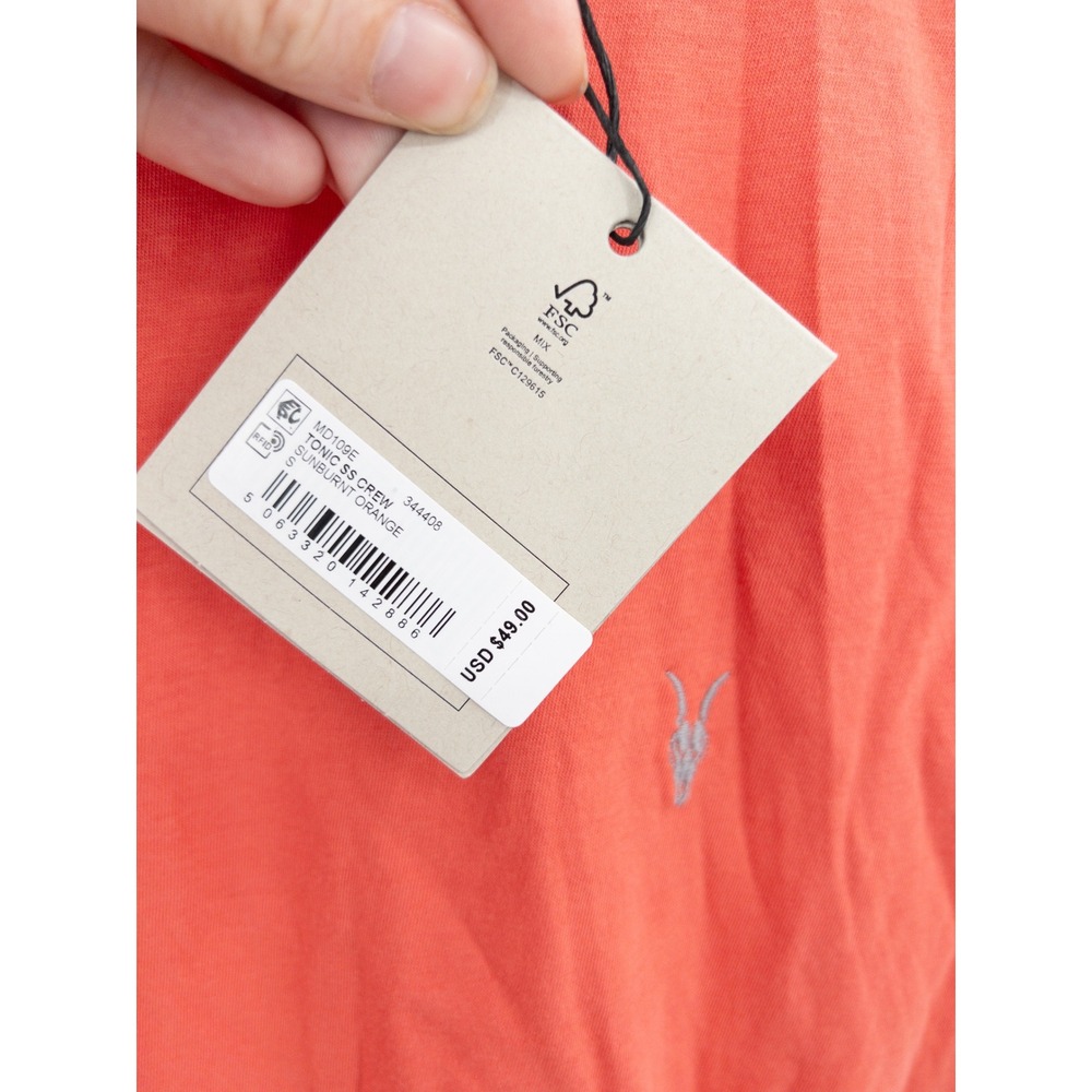AllSaints Tonic Crew T-Shirt Slim Fit Organic Cotton Coral Orange Mens Small NWT - Picture 4 of 5